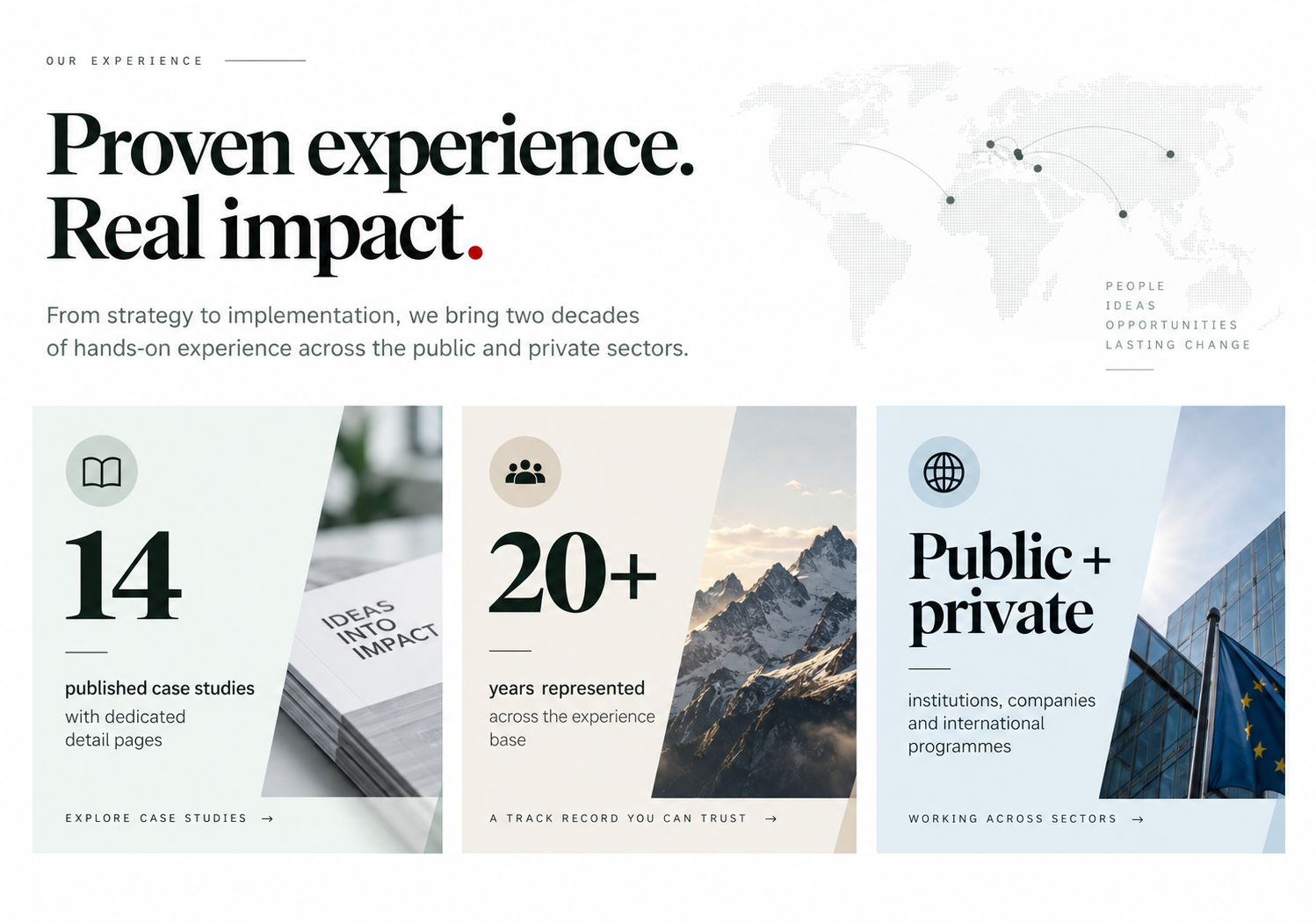Proven experience, real impact: 14 published case studies, more than 20 years of experience, and work across public and private institutions, companies, and international programmes